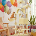 Cat Tree 66.1 Inch with 13 Scratching Posts, Five-Level Indoor Tower with Two Caves, Padded Perches, Basket, Hammock and Scratching Ramp