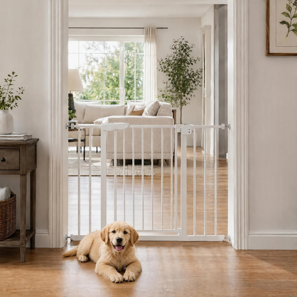 Auto Close Pet Gate in White, Pressure Mounted Walk Through Dog Barrier with Two-Way Swing, One-Hand Operation and Extensions for Doorways and Hallways