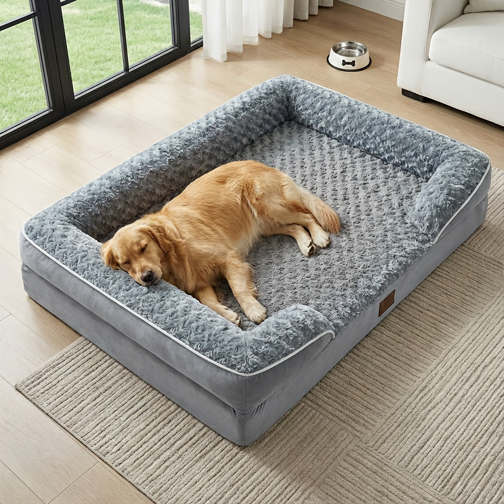 Extra Large Dog Sofa Bed with C-Shaped Bolsters, Removable Washable Plush Cover and Non-Skid Bottom, Grey Pet Couch with 20 to 71 Inch Size Options