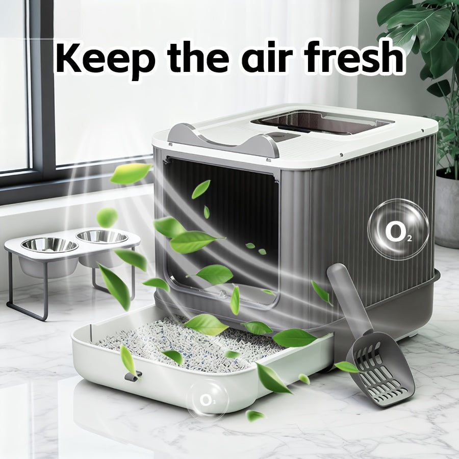 Extra Large Cat Litter Box with Front-Loading Drawer, 4-in-1 Enclosed Double-Door Cat Toilet with Top Cover, Scoop and Carbon Bag