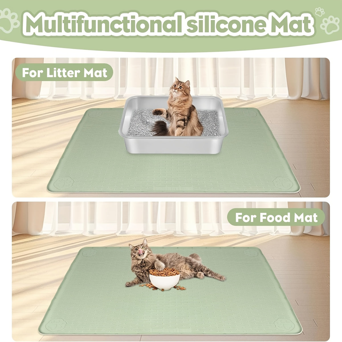 Silicone Litter Mat for Cats 40 x 28 Inches, Extra Large Soft Paw-Friendly Litter Trapping Floor Protector, Rinse-Clean in Khaki or Green
