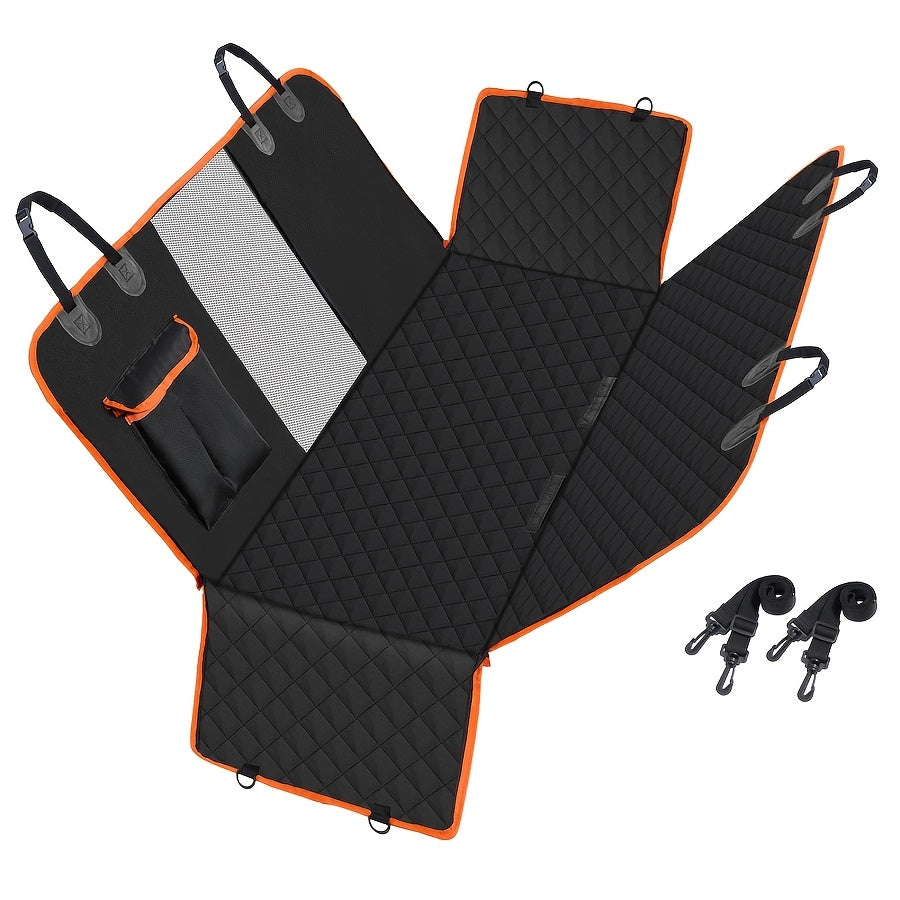 Heavy Duty Dog Car Seat Cover with Side Flaps, Non-Slip Nylon Backseat Protector with Orange Edge or Black Mesh Zipper Style for SUVs, Sedans and Trucks