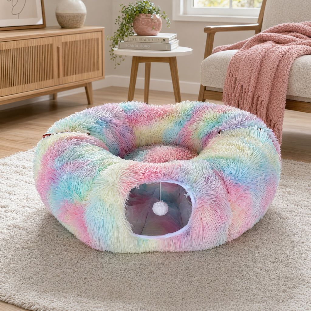 Plush Cat Tunnel Bed for Indoor Cats, 2-in-1 Foldable Donut Hideaway with Removable Washable Mat and Hanging Toy Ball, Four Color Options