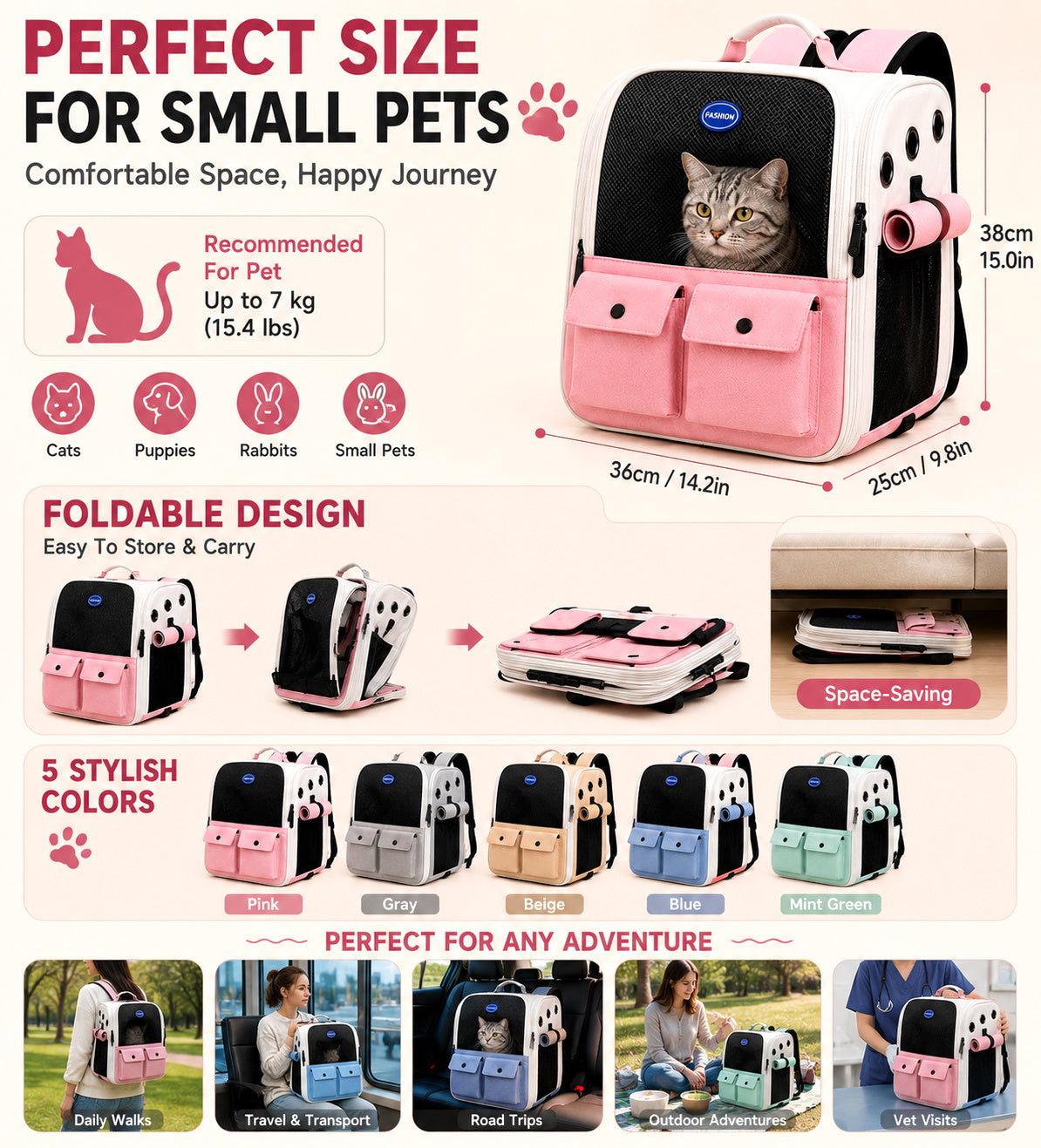 Front Opening Pet Carrier Backpack for Cats, Small Dogs and Puppies, Breathable Foldable Travel Bag with Safety Hook and Storage Pockets