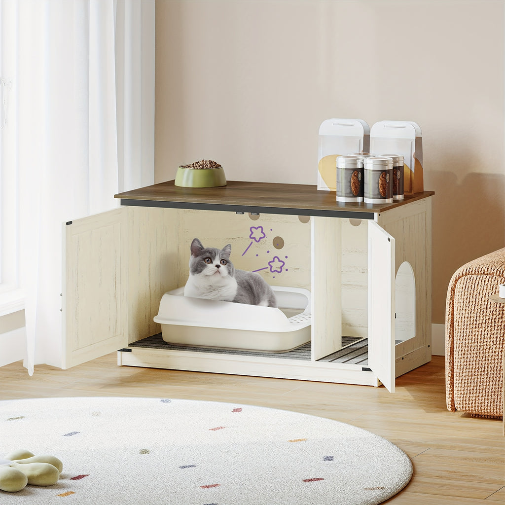 Hidden Litter Box Furniture with Barn Doors, Farmhouse Cat Cabinet with Reversible Entrance, Removable Divider and Ventilation Holes