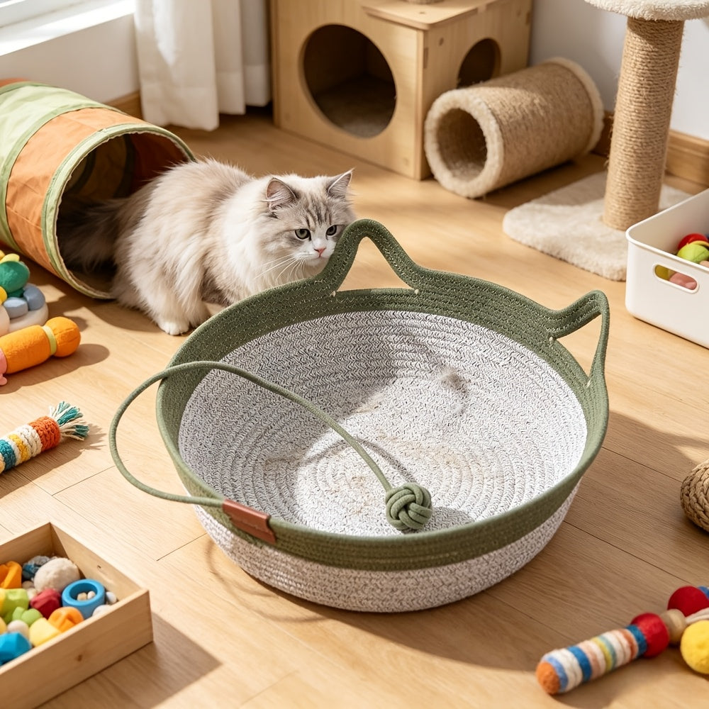 Woven Cat Bed and Scratcher Basket with Cat Ear Rim and Rope Ball Toy, Medium Indoor Lounger for Resting, Scratching and Play