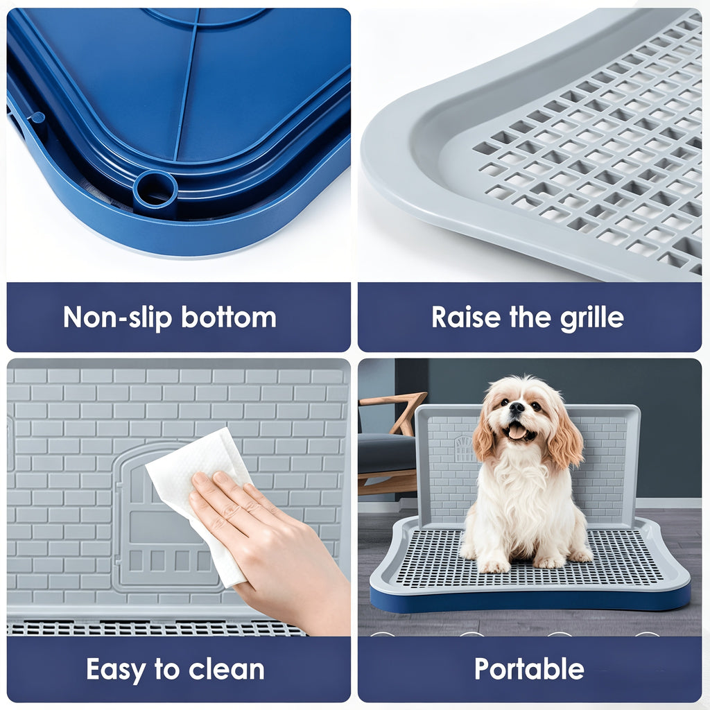 Dog Potty Tray with Tall Splash Guard, 20 x 15.4 Inch Navy Blue Indoor Puppy Toilet with Removable Grate for Small Dog House Training