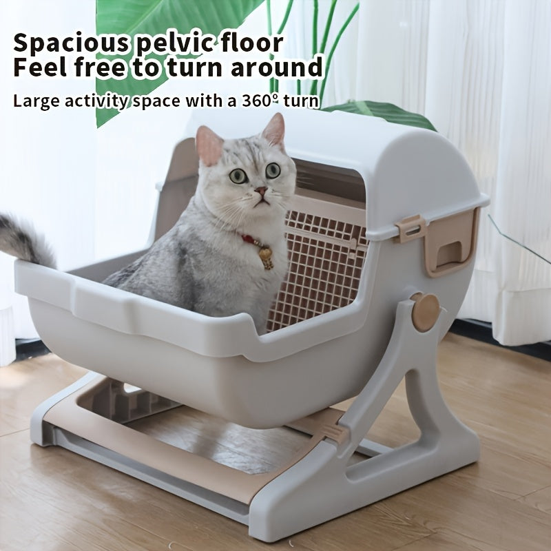 Cat Litter Box with Removable Grid, Rectangular Indoor Cat Pan in Beige or Pink for Everyday Pet Waste Management and Convenient Routine Cleaning
