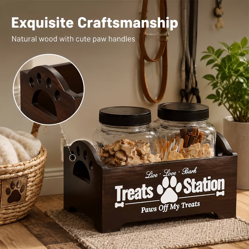Dog Treat Container Set with Wooden Farmhouse Rack and 2 Plastic Snack Canisters, 3-Piece Pet Food Storage Organizer in Black or White for Home