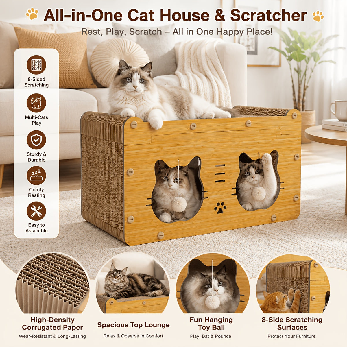 Corrugated Cardboard Cat Scratcher Bed for Indoor Cats, High-Density Scratching and Resting Nest with Small, Medium, Large and Refill Options