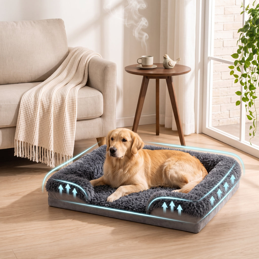 Egg Crate Foam Dog Bed with Raised Bolsters, Plush Pet Sofa with Removable Machine Washable Cover and Non-Slip Bottom, M XL 2XL
