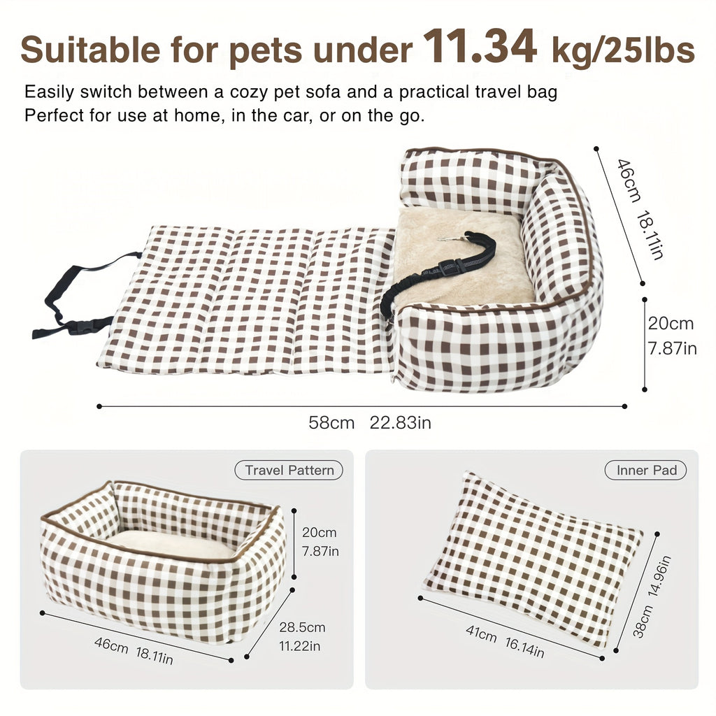 Portable Dog Car Seat with Carry Straps, Cushioned Pet Travel Bed for Dogs and Cats with Attachment Hook and Buckle, Seven Color and Style Options