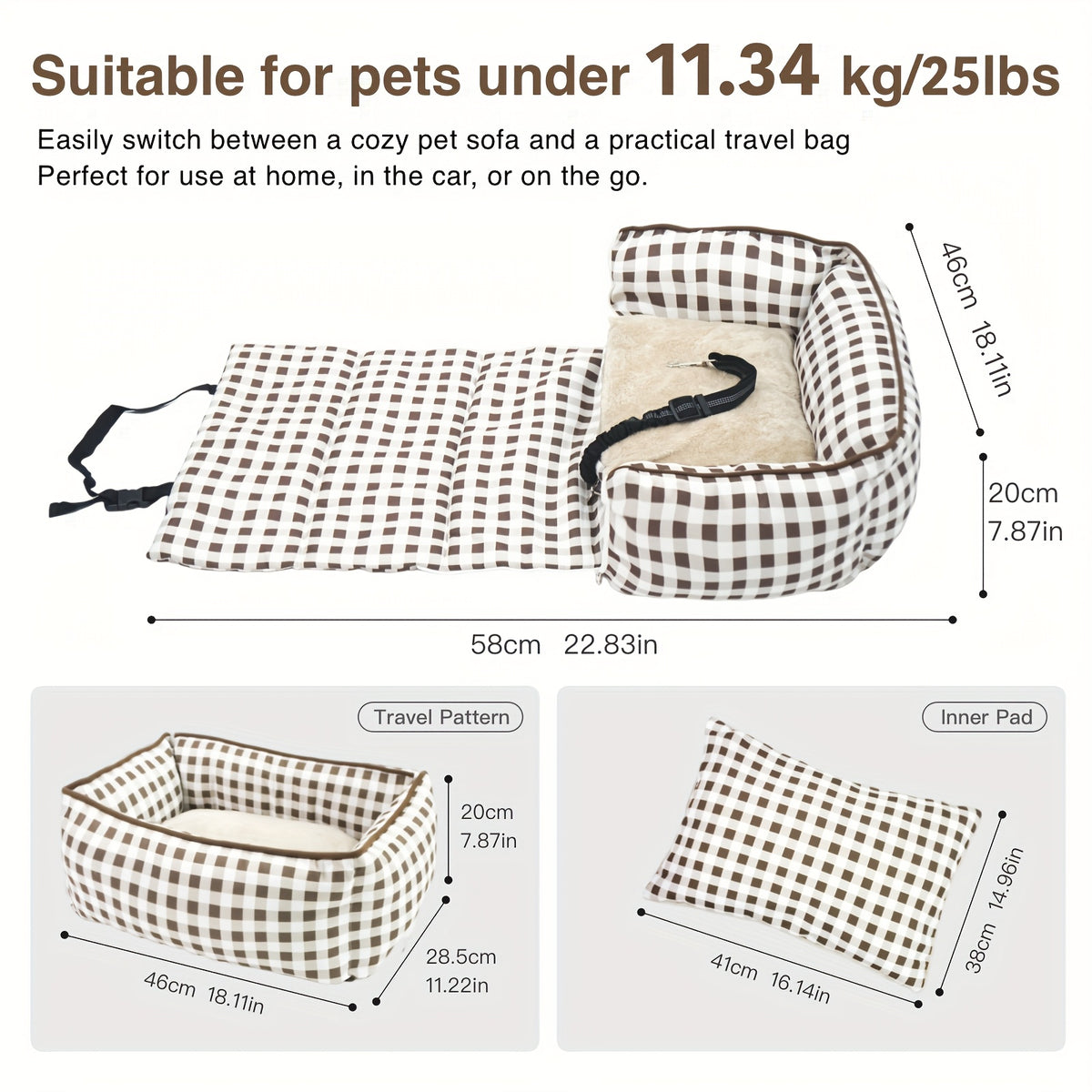 Portable Dog Car Seat with Carry Straps, Cushioned Pet Travel Bed for Dogs and Cats with Attachment Hook and Buckle, Seven Color and Style Options