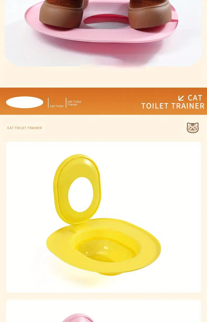 Cat Toilet Training Seat with Oval Design, Easy-Clean Bathroom Training Tray in Pink, Blue or Yellow with Two Toilet Stickers per Selected Color Option