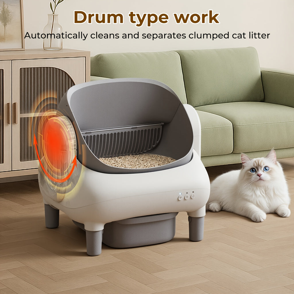 Self Cleaning Litter Box, ECORUI Certified Refurbished Open-Top Automatic Cat Toilet with App Control for Multiple Cats, Light Gray