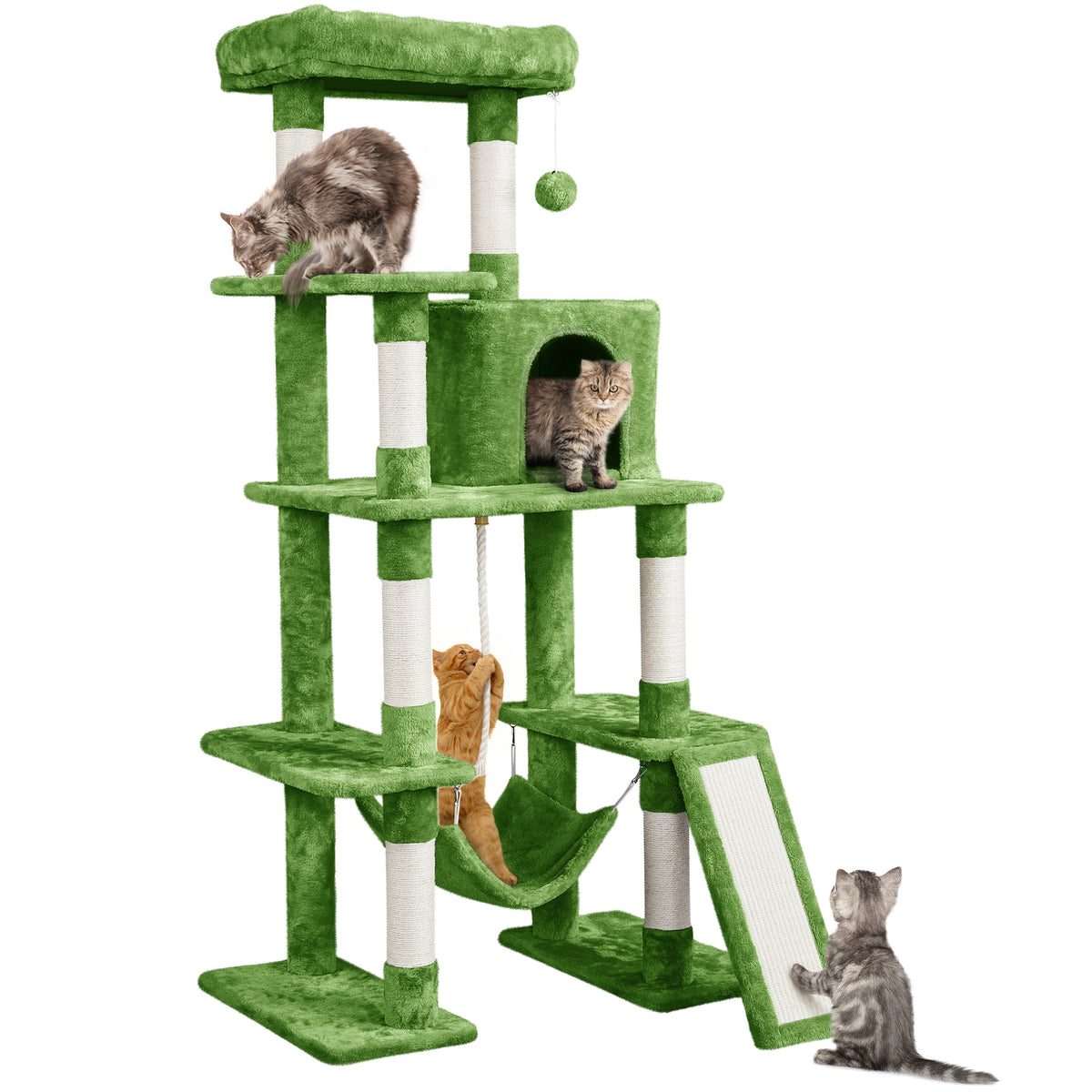 Cat Tree 63 Inch in Green, Multi-Level Indoor Cat Tower with Plush Condos, Hammock, Elevated Perches and Sisal Scratching Posts