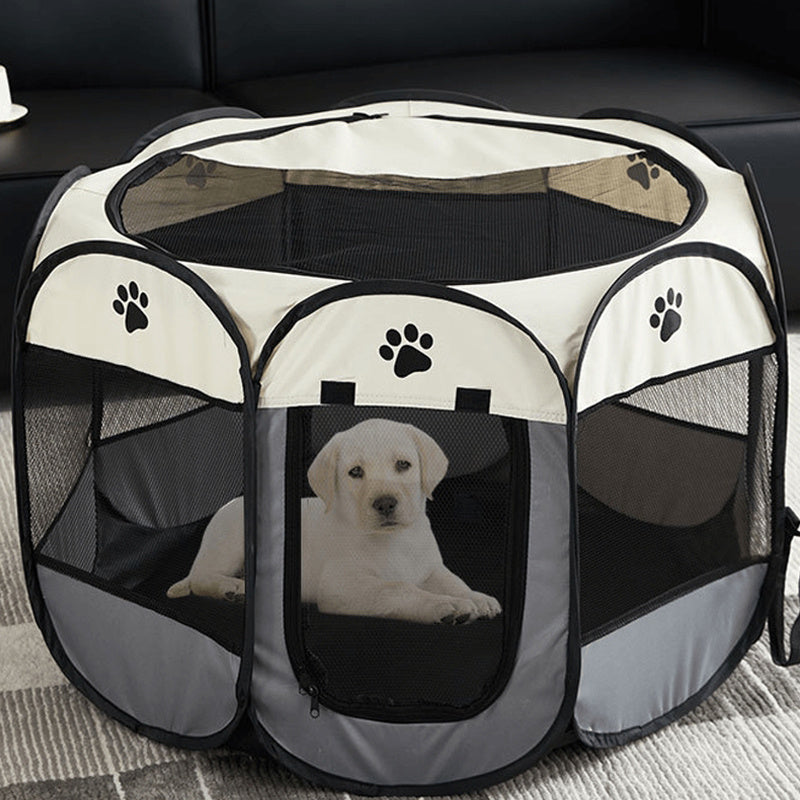 Soft-Sided Pet Playpen for Dogs and Cats, Foldable Octagonal Oxford Cloth Pen with Removable Mesh Top, Paw Print Panels and Three Size Options
