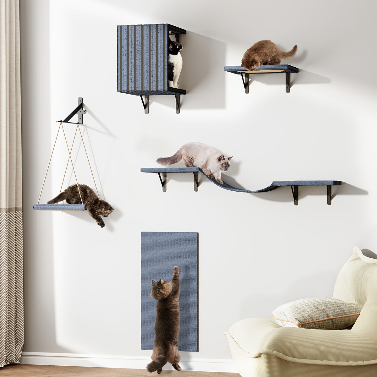 Wall Mounted Cat Shelves for Indoor Cats, Multi-Level Climbing Perches and Lounge Furniture in 2-in-1, 3-in-1 or 5-in-1 Space-Saving Options