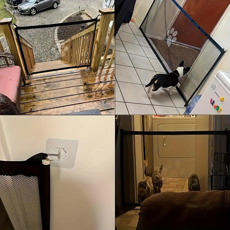 Dog Gate with 6 Hooks, Drill-Free Black Mesh Pet Barrier with Portable Expandable Design for Doorways, Hallways and Indoor Room Separation