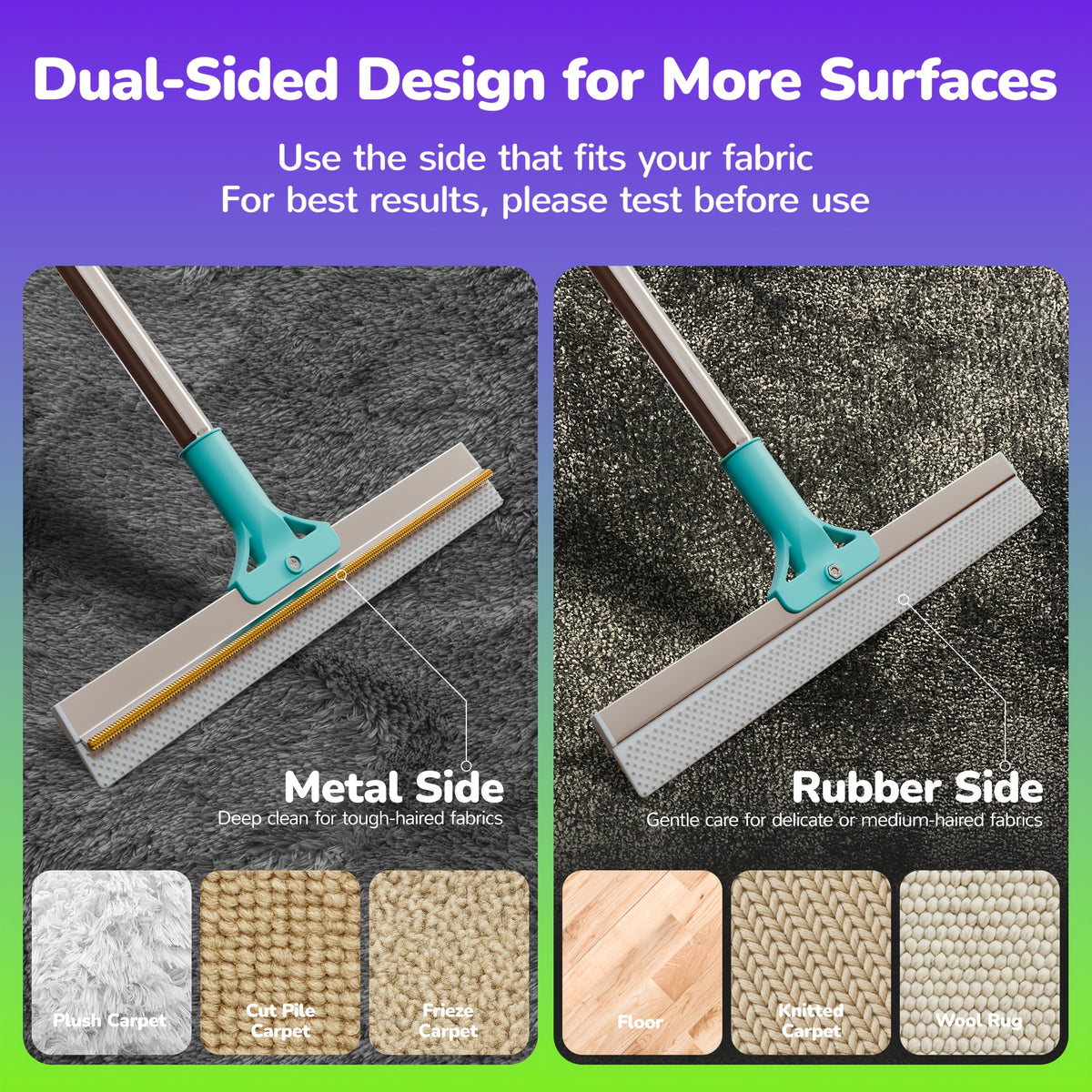 Carpet Rake for Pet Hair Removal with 51-Inch Handle, Dog Hair Remover Tool for Rugs, Stairs and Upholstery, Everyday Home Cleaning