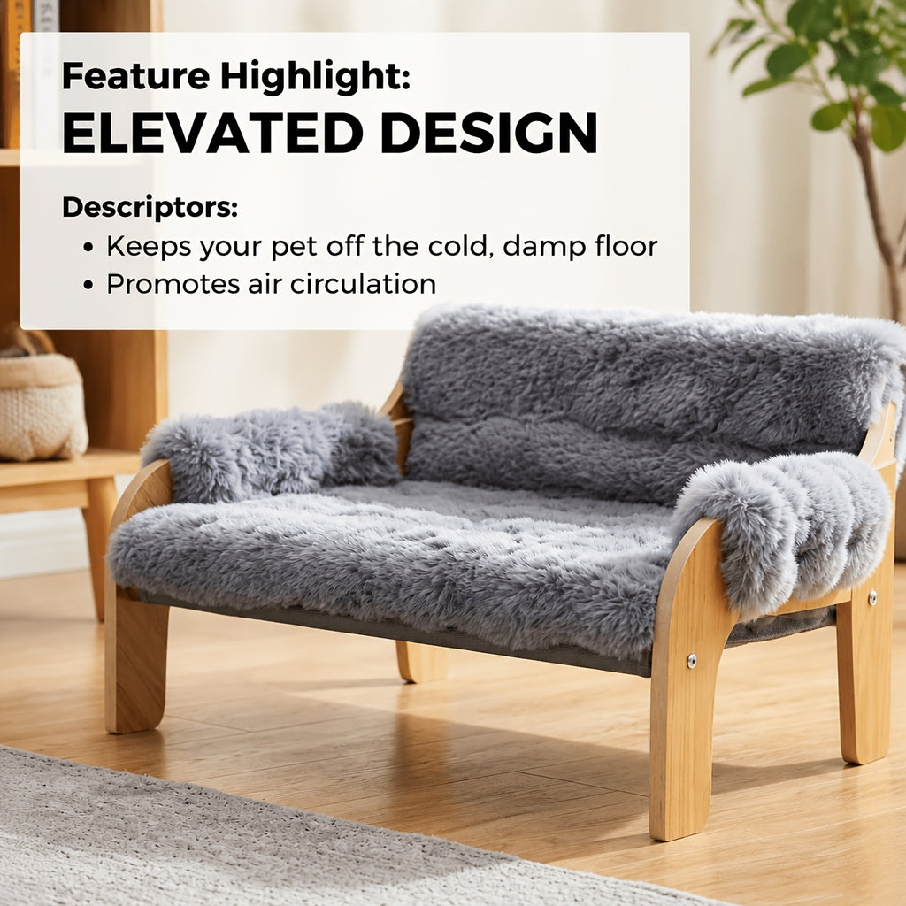 Wooden Cat Sofa Bed with Removable Washable Plush Blanket, Elevated Pet Couch for Cats and Small Dogs up to 40 lbs, Gray or White