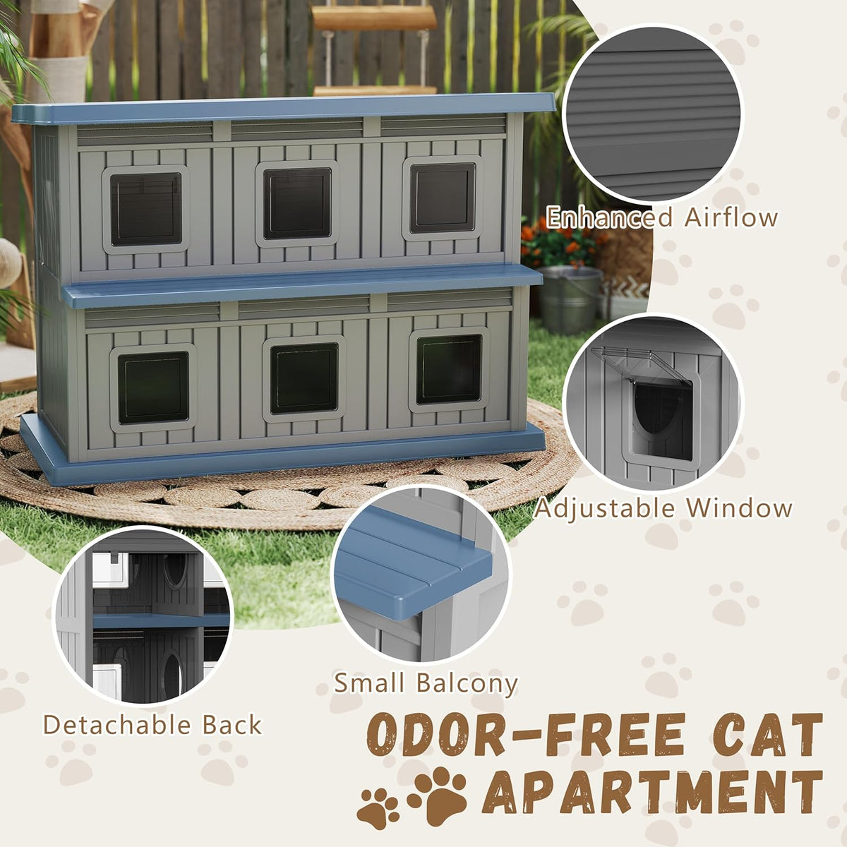 Two-Story Cat House with Multiple Small Windows, Double-Layer Cat Apartment and Resting Shelter for Stray Cats, Blue or Black Color Options