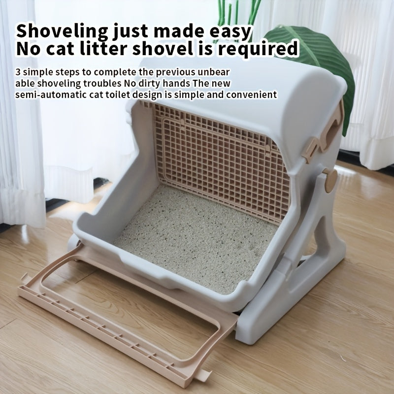 Cat Litter Box with Removable Grid, Rectangular Indoor Cat Pan in Beige or Pink for Everyday Pet Waste Management and Convenient Routine Cleaning