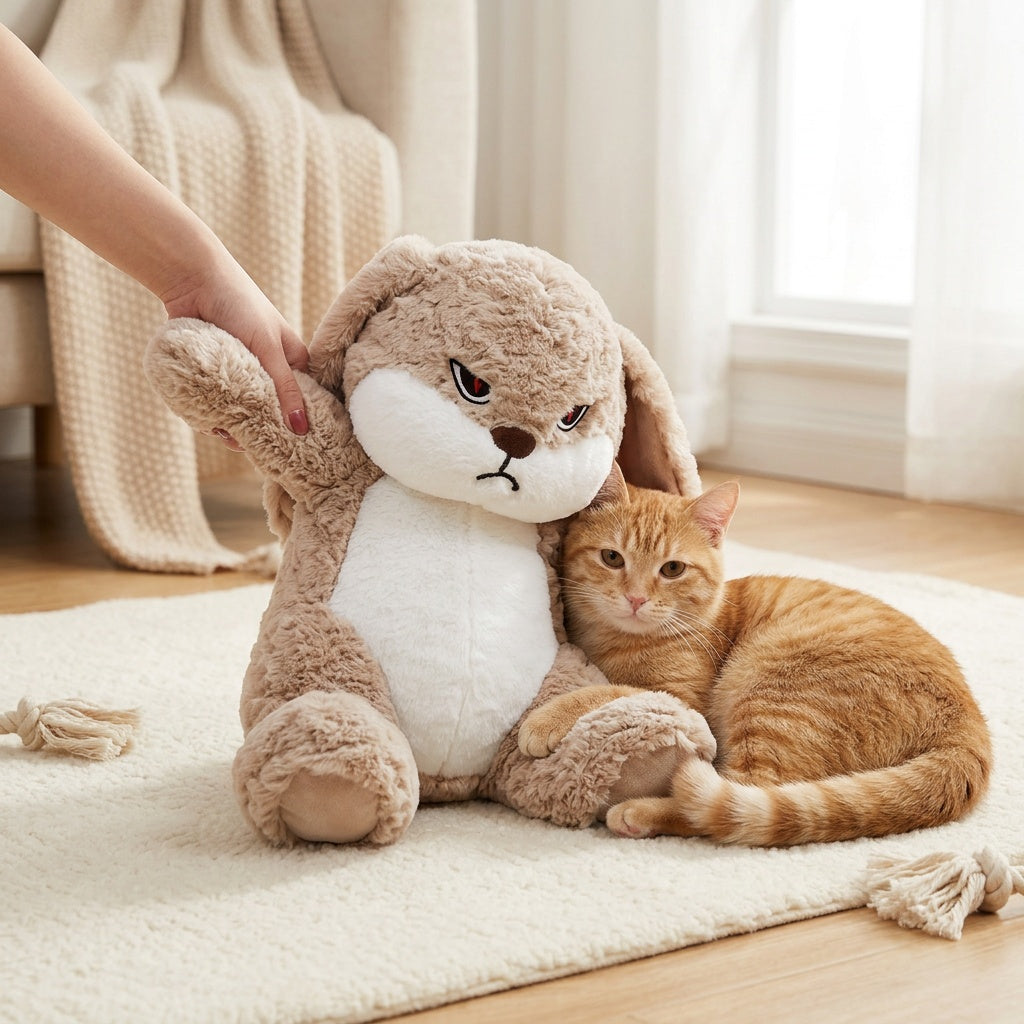 Bunny Plush Pet Toy with Grumpy Face, 13.35-Inch Long-Eared Stuffed Rabbit with Soft Textured Fur for Supervised Cat and Dog Companion Play