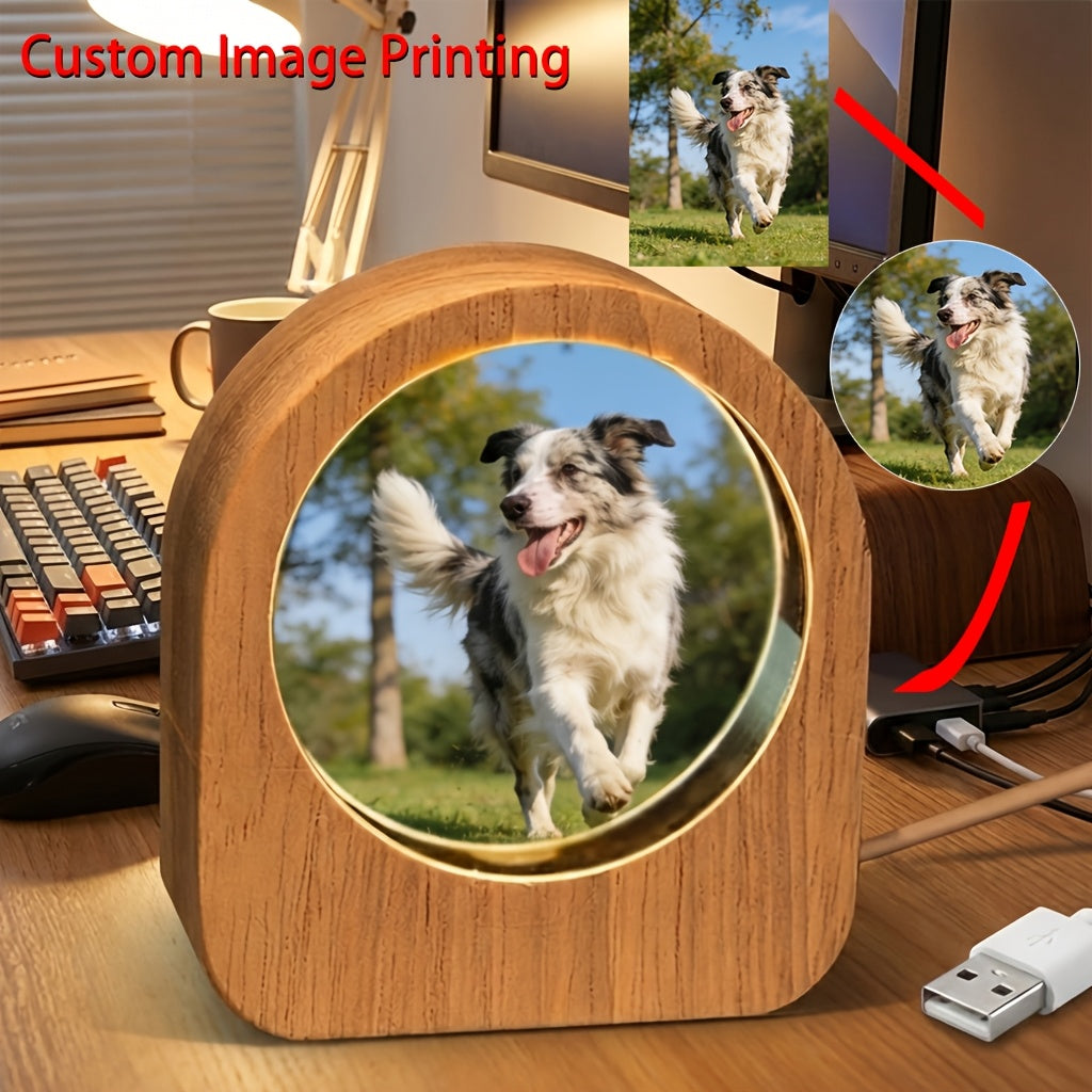 Custom LED Photo Crystal with Wood Base, Personalized Pet Portrait Keepsake with Name and Date for Pet Owners, Family and Anniversary Gifts