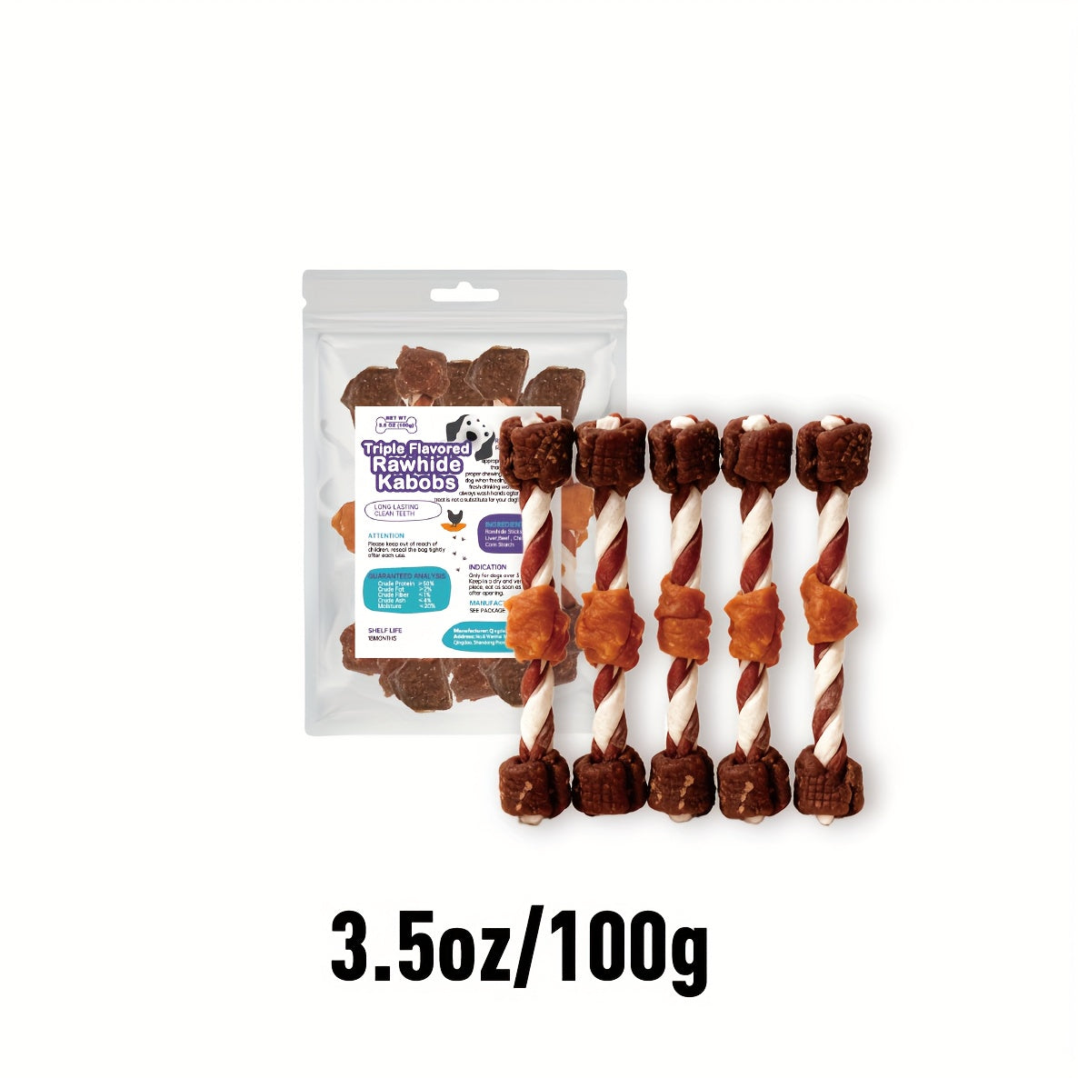 Dog Chew Kabobs with Chicken, Beef and Liver, Triple Flavor Dog Treats for Supervised Snack Time in 100g, 300g, 600g and 900g Packs