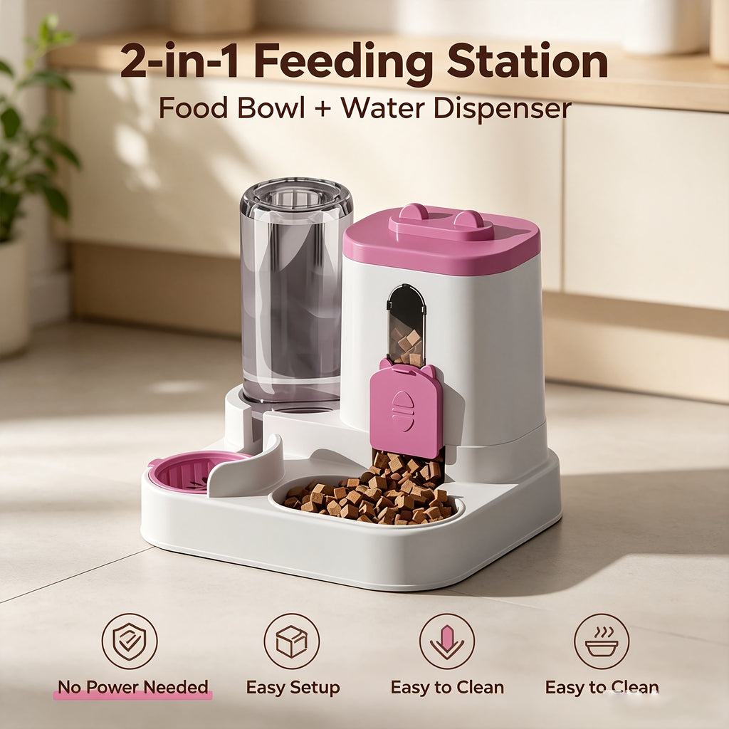 Non-Electric 2-in-1 Pet Feeder for Cats and Dogs, Space-Saving Automatic Feeding Station with Color Choices and Optional Cleaning Sponge Brush