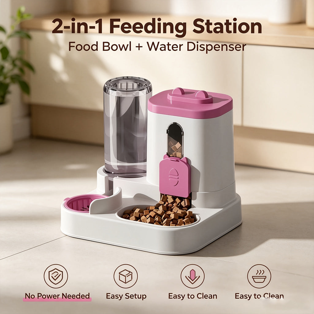 Non-Electric 2-in-1 Pet Feeder for Cats and Dogs, Space-Saving Automatic Feeding Station with Color Choices and Optional Cleaning Sponge Brush