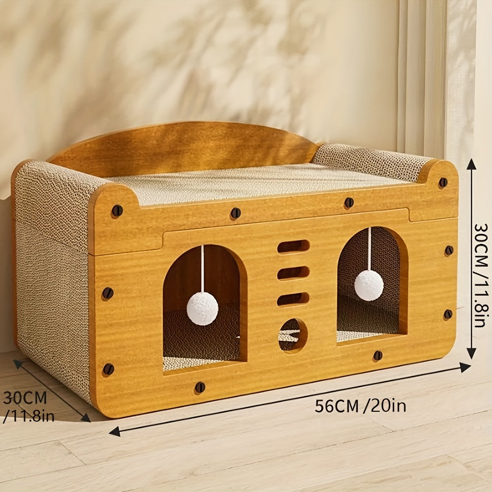 Three-Level Cat House with Dual Scratching Boards, Plush Balls and Ventilation Doors, Multi-Feature Cat Condo for Resting, Scratching and Play