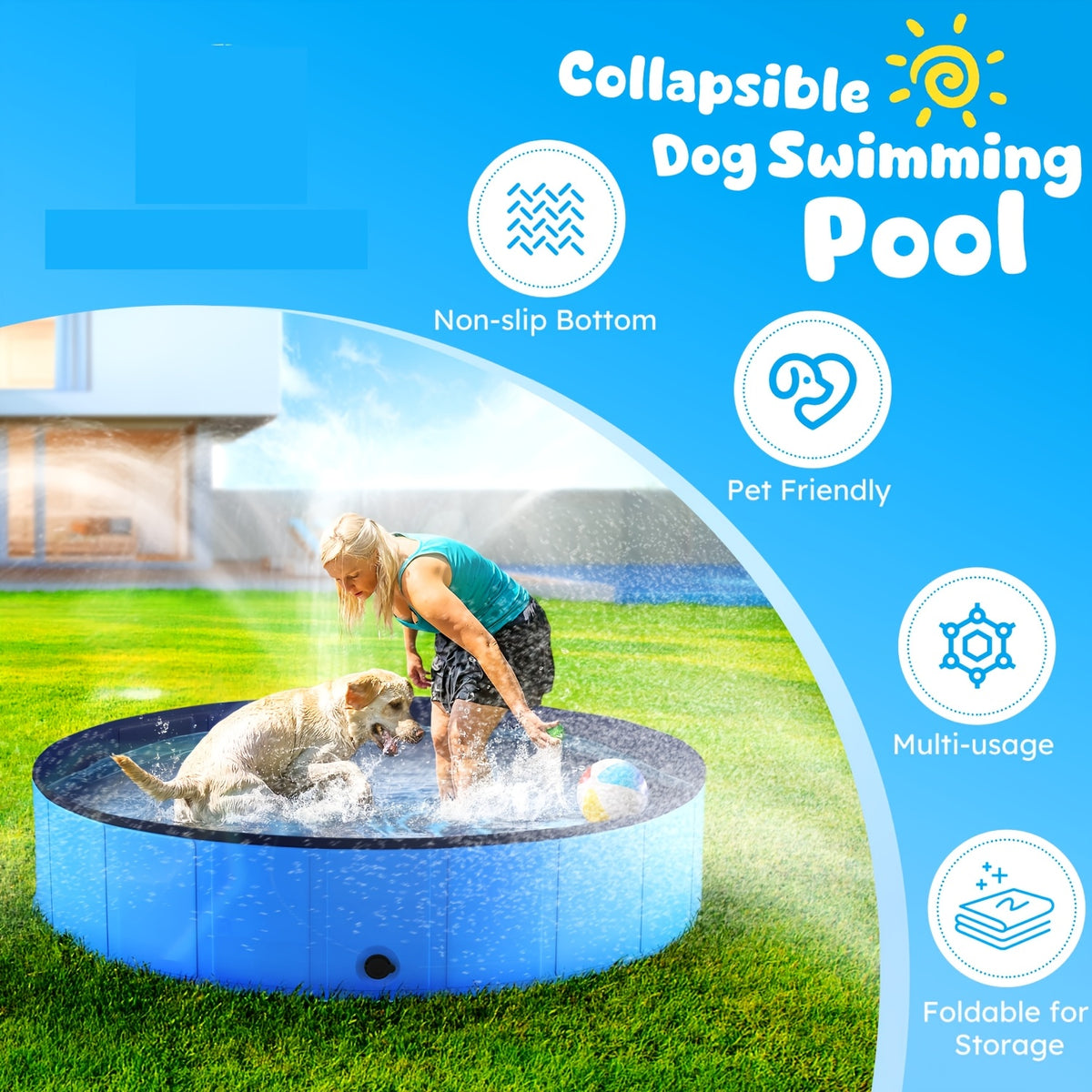 Foldable Dog Pool for Backyard Wading and Bath Time, Collapsible Portable Pet Bath Tub in Grey or Lake Blue, Eight Size Options for Summer Use