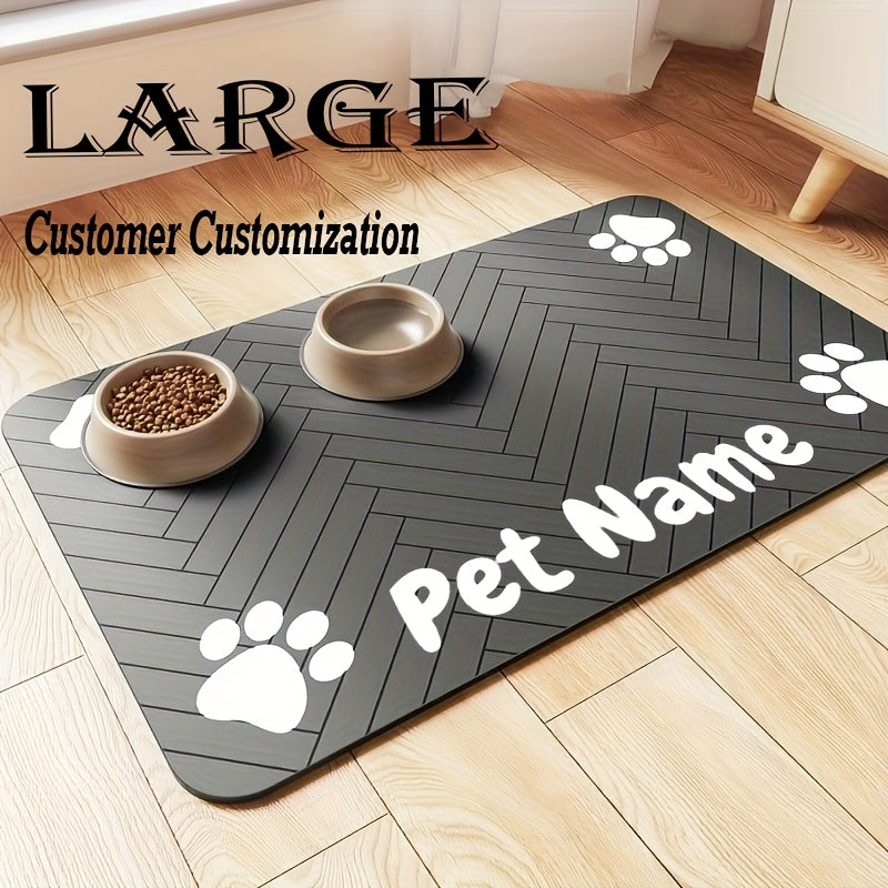 Paw Print Pet Feeding Mat, Light Gray 11.81 x 15.75 Inch Absorbent Non-Slip Bowl Pad with Herringbone Design for Dog and Cat Food and Water Stations