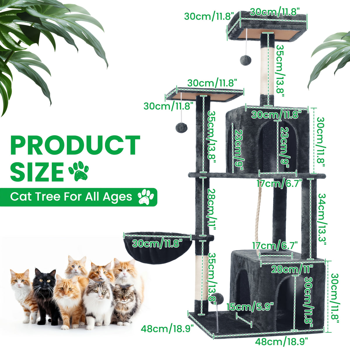 Cat Tree Tower with Condos and Hammock, TSCOMON Indoor Cat Furniture with Sisal Scratching Posts, Top Perches and Pompom Toys for Play and Rest