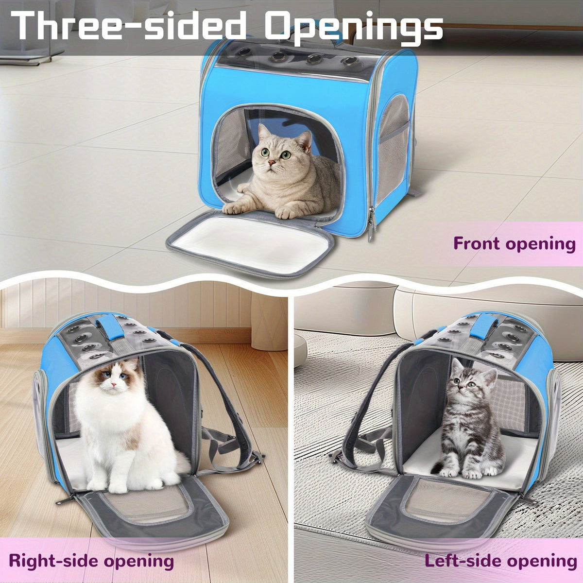 Cat Backpack with Front Opening and Breathable Mesh Window, Foldable Pet Carrier in Purple, Pink, Gray or Blue for Walks and Travel