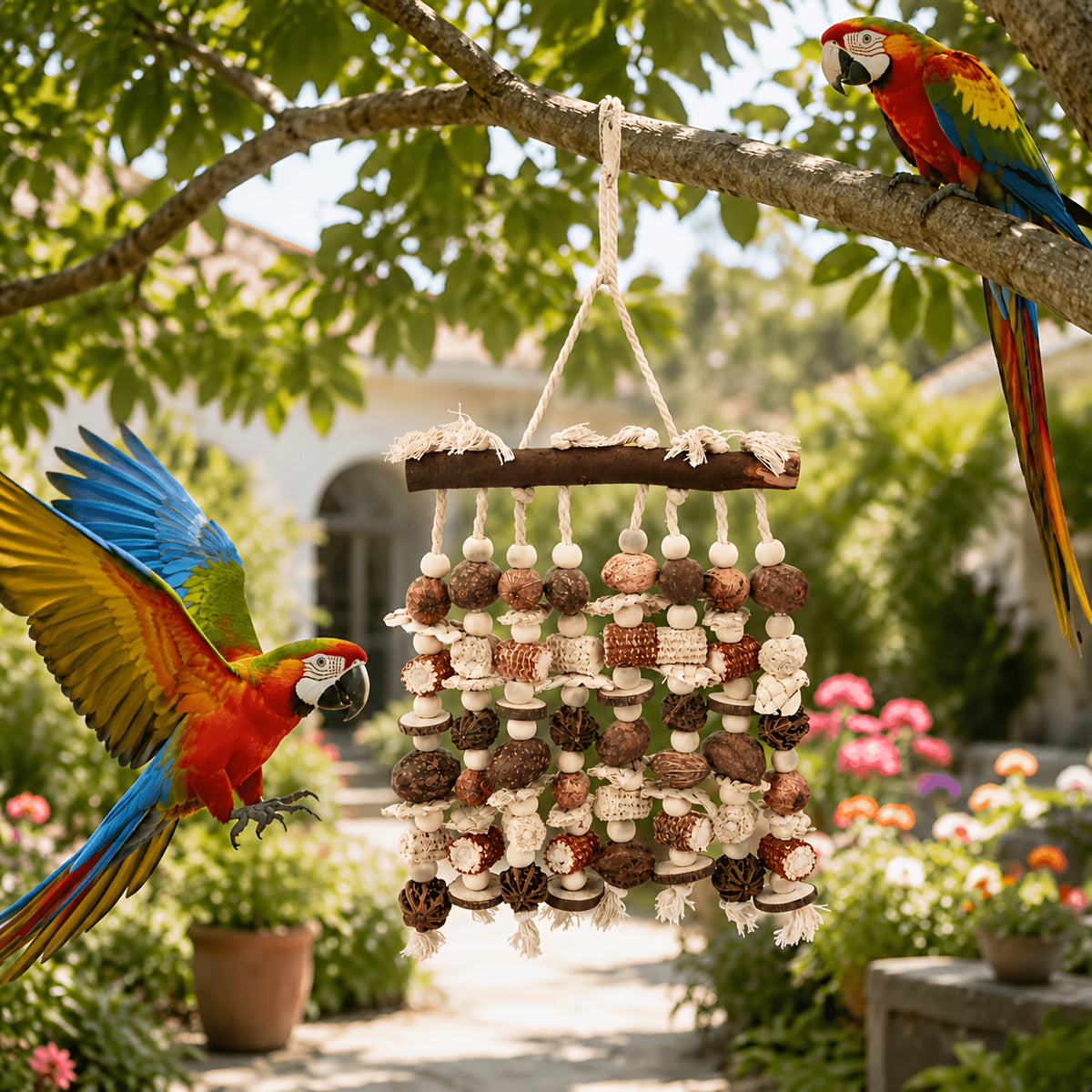 Parrot Toys with Colorful Wood Chew Designs, 12 Selectable Bird Cage Accessory Styles Including Apple, Banana, Coconut and Block Options for Enrichment