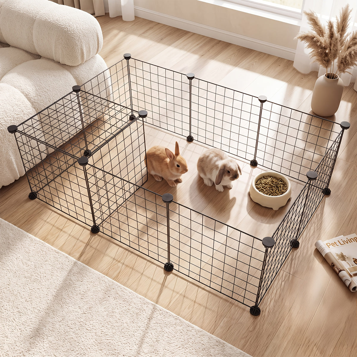 Small Animal Playpen with 12 Modular Wire Panels, Black Indoor Exercise Fence with ABS Connectors and Mallet for Supervised Pet Exploration