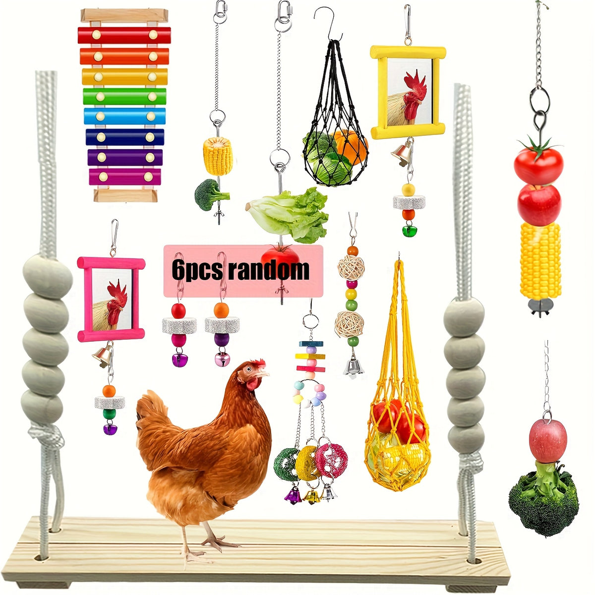 Chicken Toys for Coop Enrichment, Random 1, 3 or 6 Piece Options for Hens and Roosters, Poultry Run Accessories for Supervised Backyard Bird Play