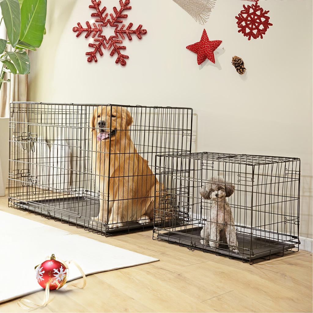 Double Door Dog Crate with Divider Panel, Folding Metal Wire Pet Kennel with Leak-Proof Plastic Tray in 24.41 or 30.31 Inch Sizes