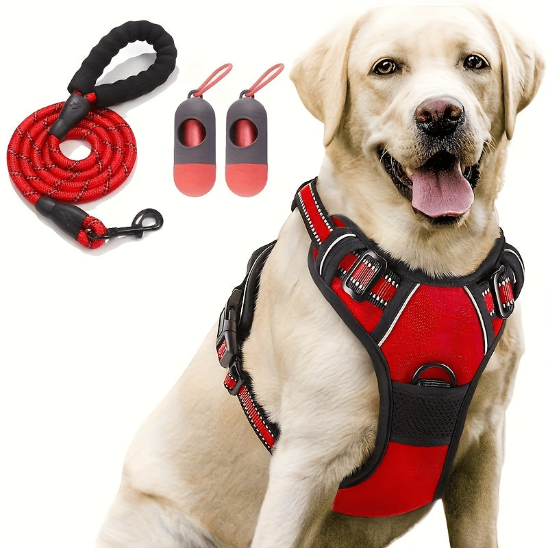 Dog Harness 4-Piece Walking Set with Reflective Strips, Adjustable No-Pull Chest and Back Straps and Padded Leash for Small to Large Dogs