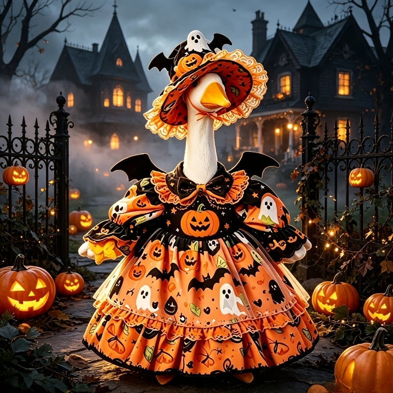 Halloween Porch Goose Costume for 23-Inch Decorative Statues, Orange Witch Dress Outfit with Lace Trim and Bat Pumpkin Theme for Fall Decor