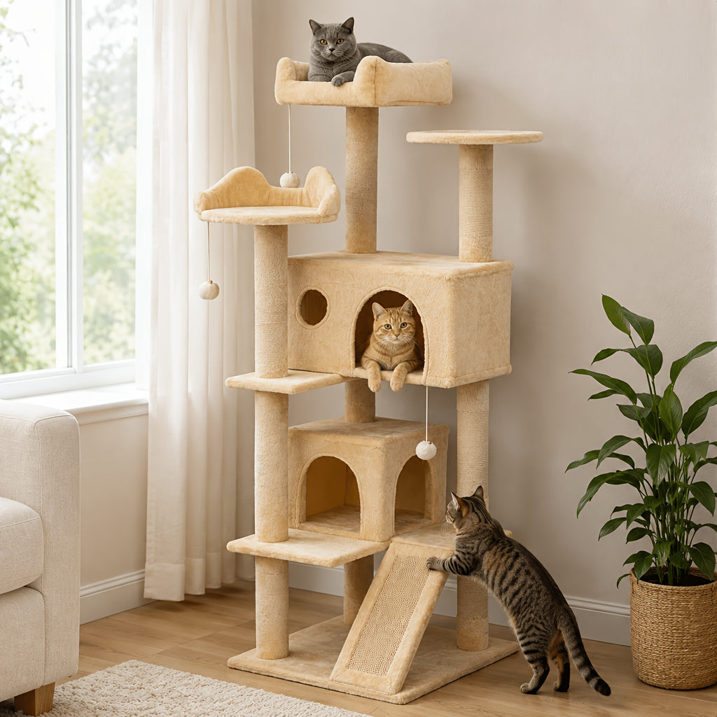 Cat Tree with Climbing Ramp for Indoor Cats, Multi-Level Plush Tower with Sisal Scratching Posts, Cozy Beds, Hanging Toys and Anti-Tip Design