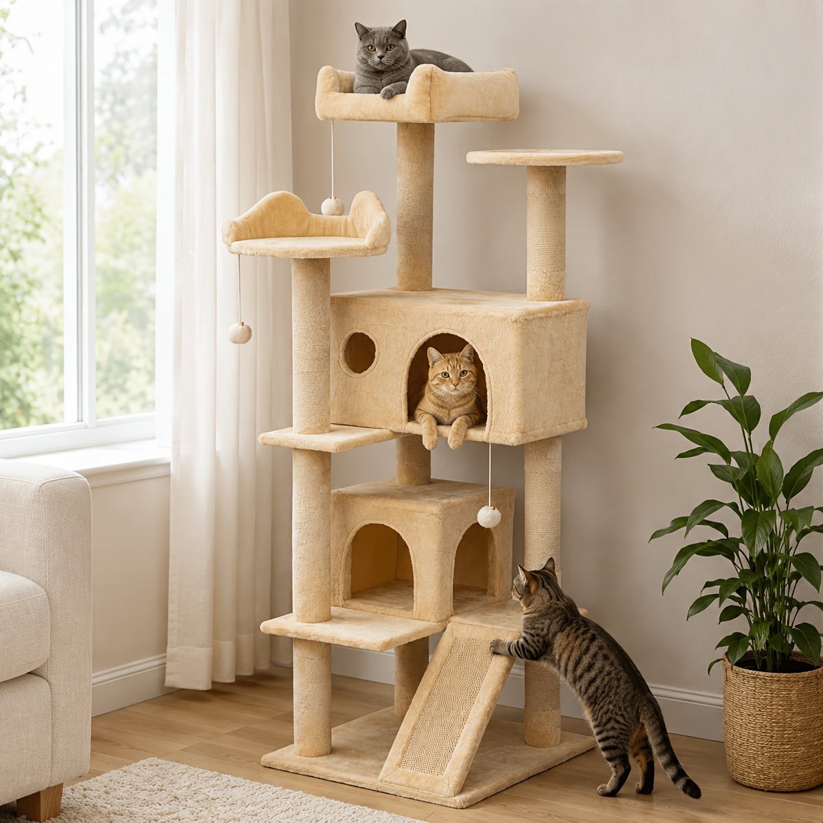 Cat Tree with Climbing Ramp for Indoor Cats, Multi-Level Plush Tower with Sisal Scratching Posts, Cozy Beds, Hanging Toys and Anti-Tip Design