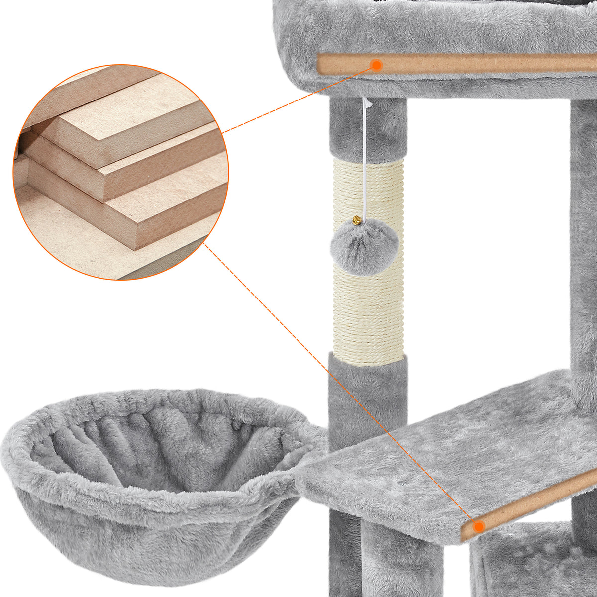 Cat Tree 34.5 Inch with Condo and Basket, Plush Indoor Cat Tower with Nest, Platform, Three Sisal Scratching Posts and Scratching Board in Five Colors