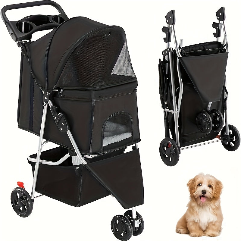 3-in-1 Pet Stroller in Black for Small and Medium Dogs and Cats, Lightweight Foldable Pushchair with Storage Basket and Cup Holder for Walks and Vet Visits