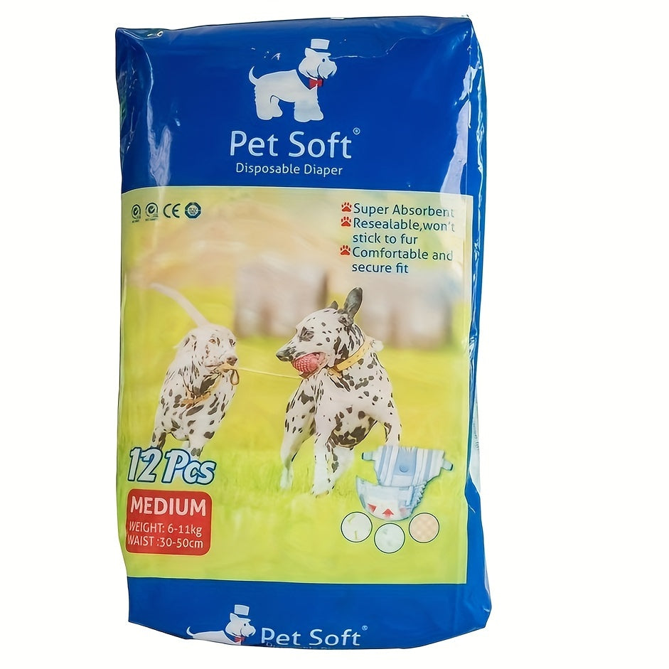 Disposable Dog Diapers 12 Pack with Adjustable Fasteners, Absorbent Male and Female S or M Options for Puppy Training, Senior Dog Accidents and Travel