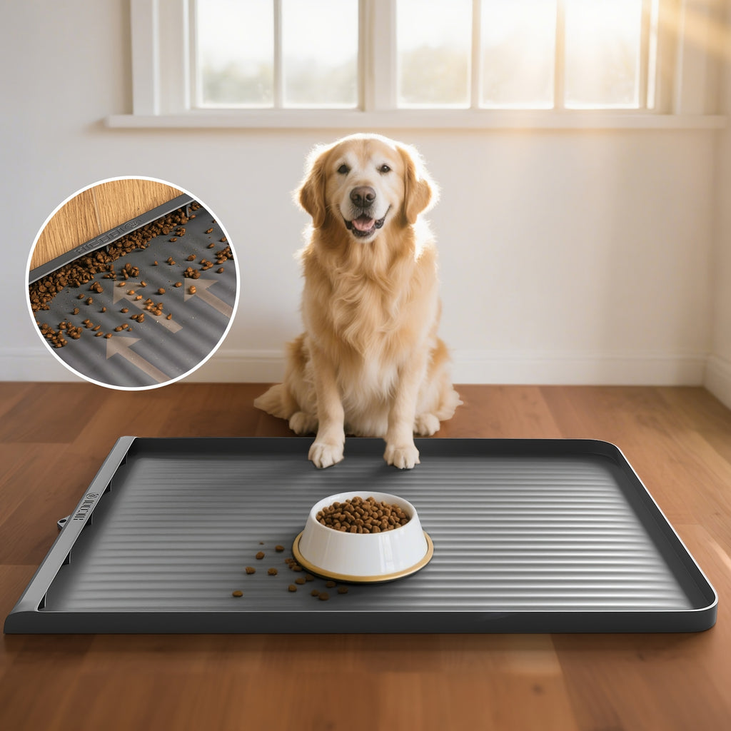 Large Dog Feeding Mat 36 x 24 Inches, Grey Waterproof Pet Bowl Placemat with Raised Edges, Grooved Surface and Roll-Up Design for Food and Water