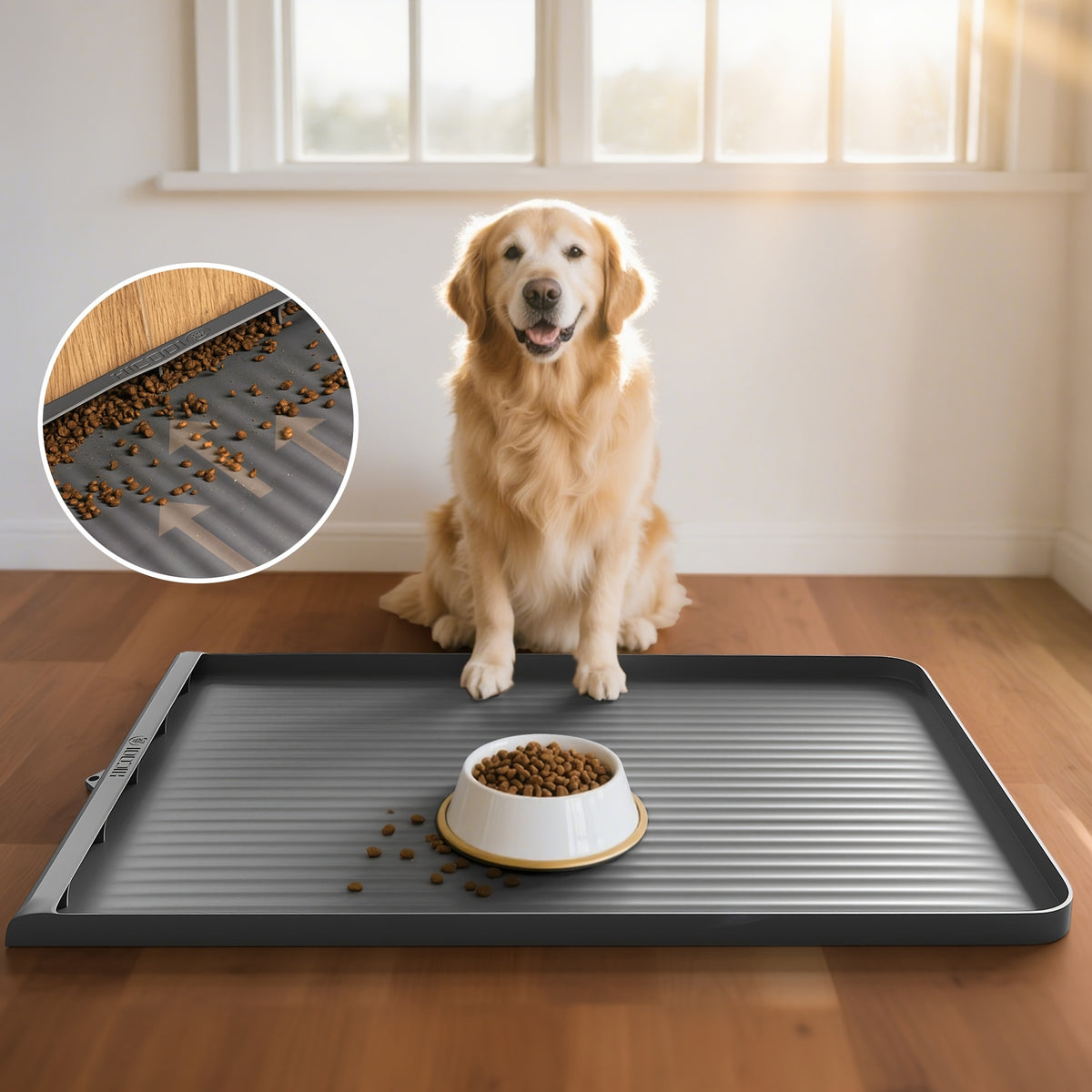 Large Dog Feeding Mat 36 x 24 Inches, Grey Waterproof Pet Bowl Placemat with Raised Edges, Grooved Surface and Roll-Up Design for Food and Water